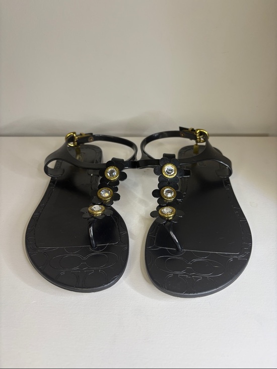 Coach Shoes - Coach Black Jelly Floral T-Strap Sandals with Gold Accents
